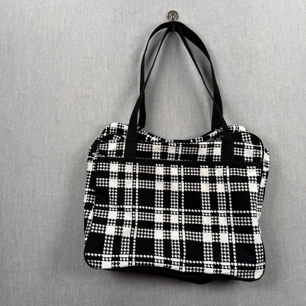 Thirty-one Black and White Houndstooth Plaid Canvas Tote Bag Travel Shoulder Bag - Picture 3 of 5